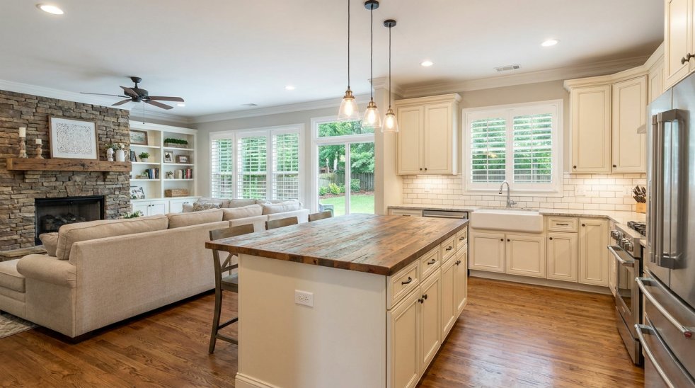 Updated open-concept kitchen and living room with island, stone fireplace, and hardwood floors